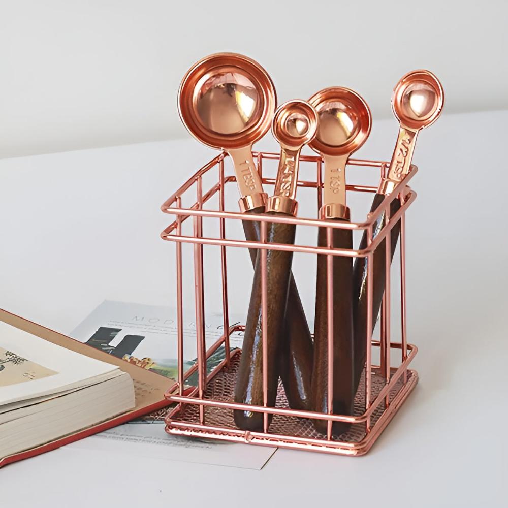 Kopper Målingssæt – Rustfrit Stål med Kobberfinish og Valnøddetræshåndtag til Køkken eller Bagværk