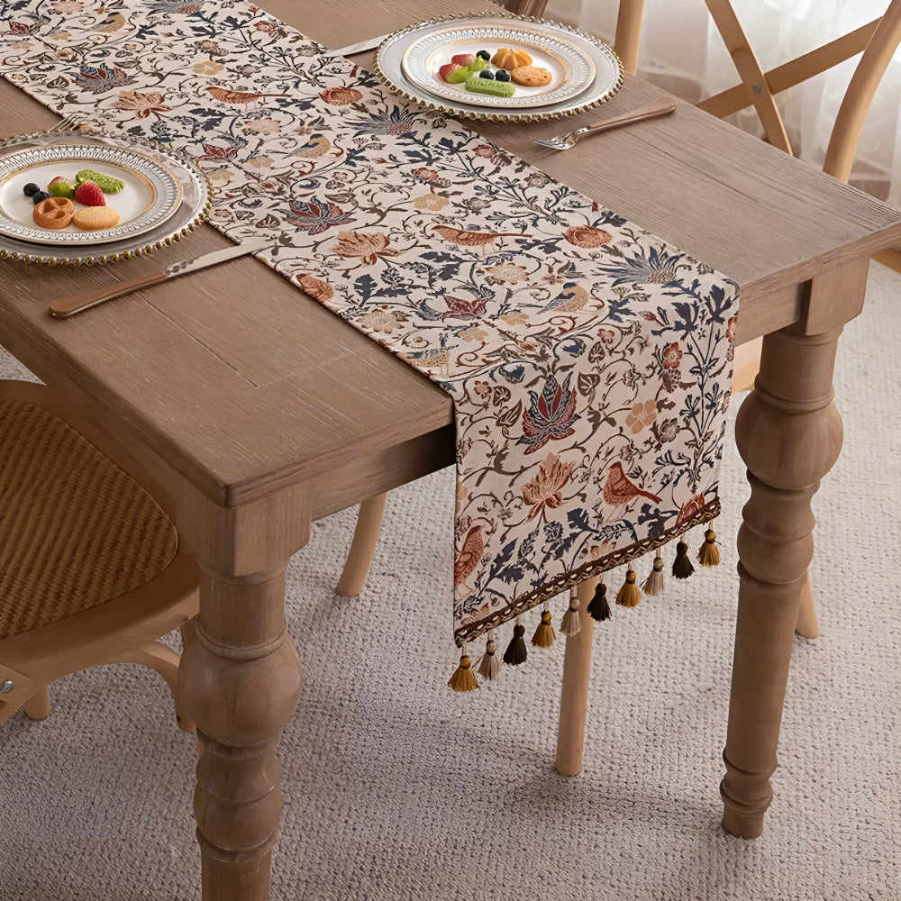Vintage Jacquard Borddug – Blomster og Fugle, Rustik Design til Spise- eller Kaffe Bord