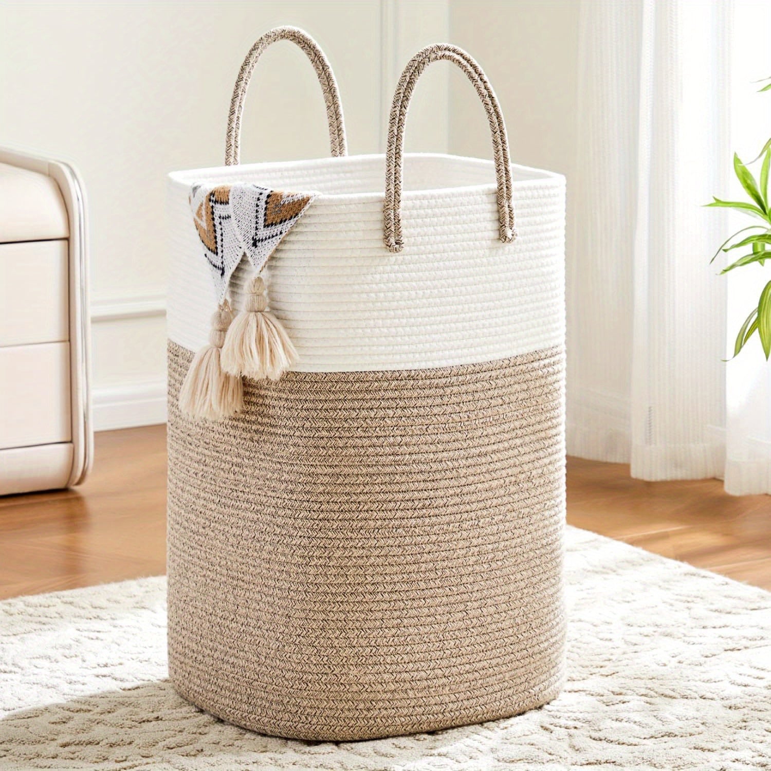 Extra large foldable storage basket – woven cotton, neutral design for bathroom or children's room