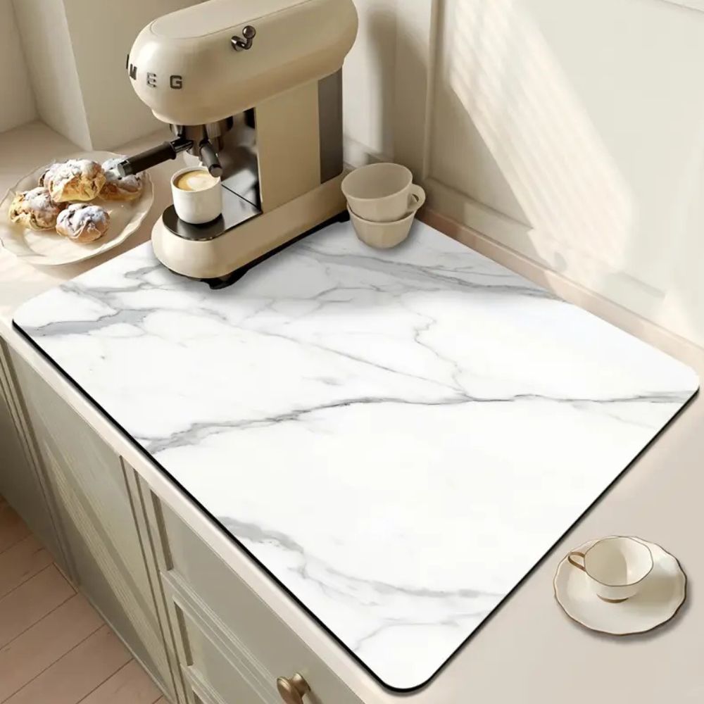 Marmorprint Opvaskemåtte – Sort og Hvid, Stilfuld Trok til Køkken eller Kaffeområde