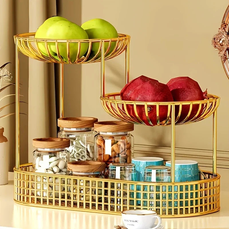 Fruitplate met 3 lagen – goudkleurig metaal, elegante tafeldecoratie voor in de keuken of aan de eettafel