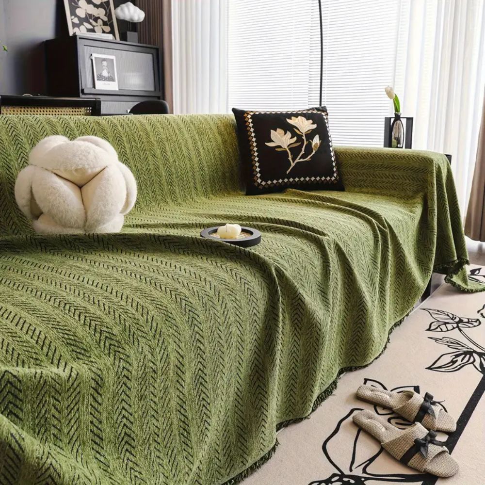 Chenille Sofa Cover – Gray, Herringbone Pattern with Fringes for Living Room or Lounge Sofa