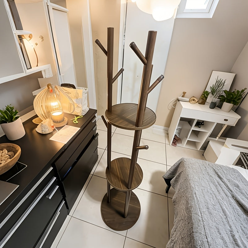 Kledingrek van massief hout – Walnoot, 3 planken & 9 haken, 360° draaibaar, voor de hal of slaapkamer