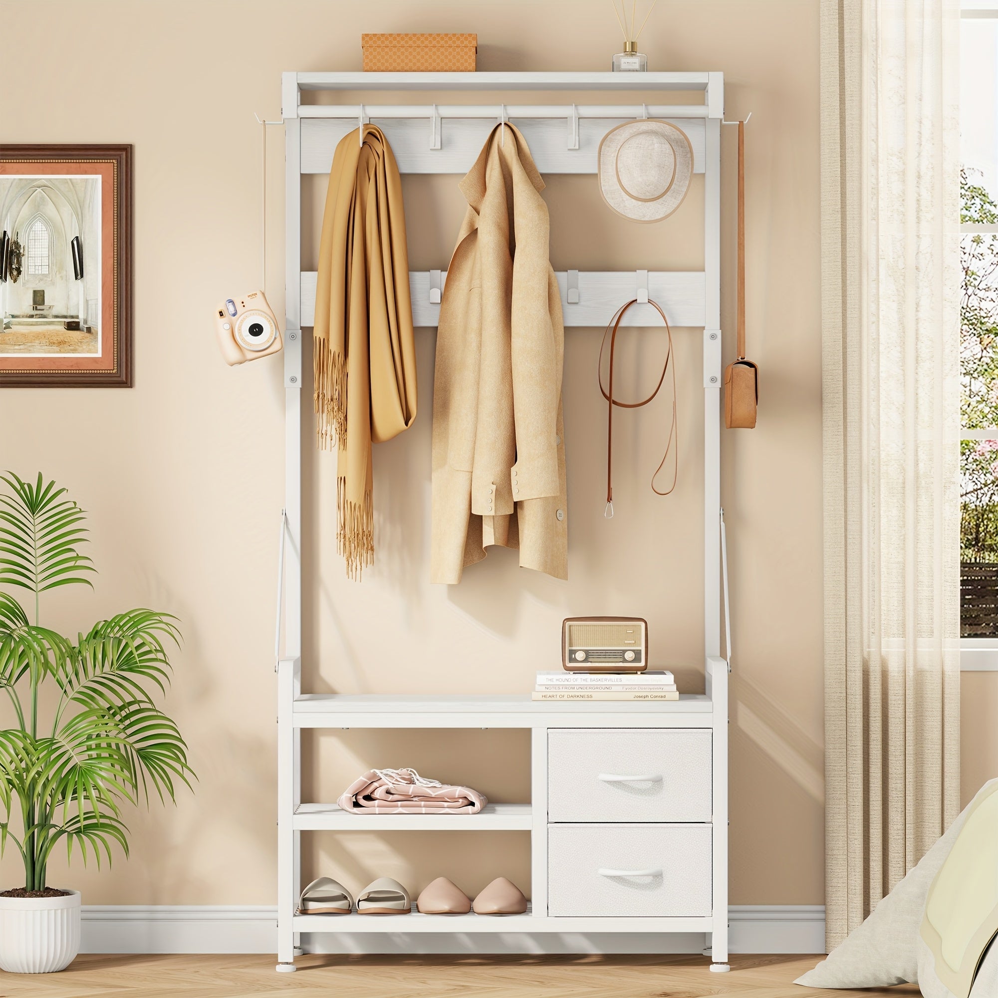 Tøjstativ met Bænk – Brunt træ, multifunktionelt design til entre eller soveværelse med Skohylde og Kroge