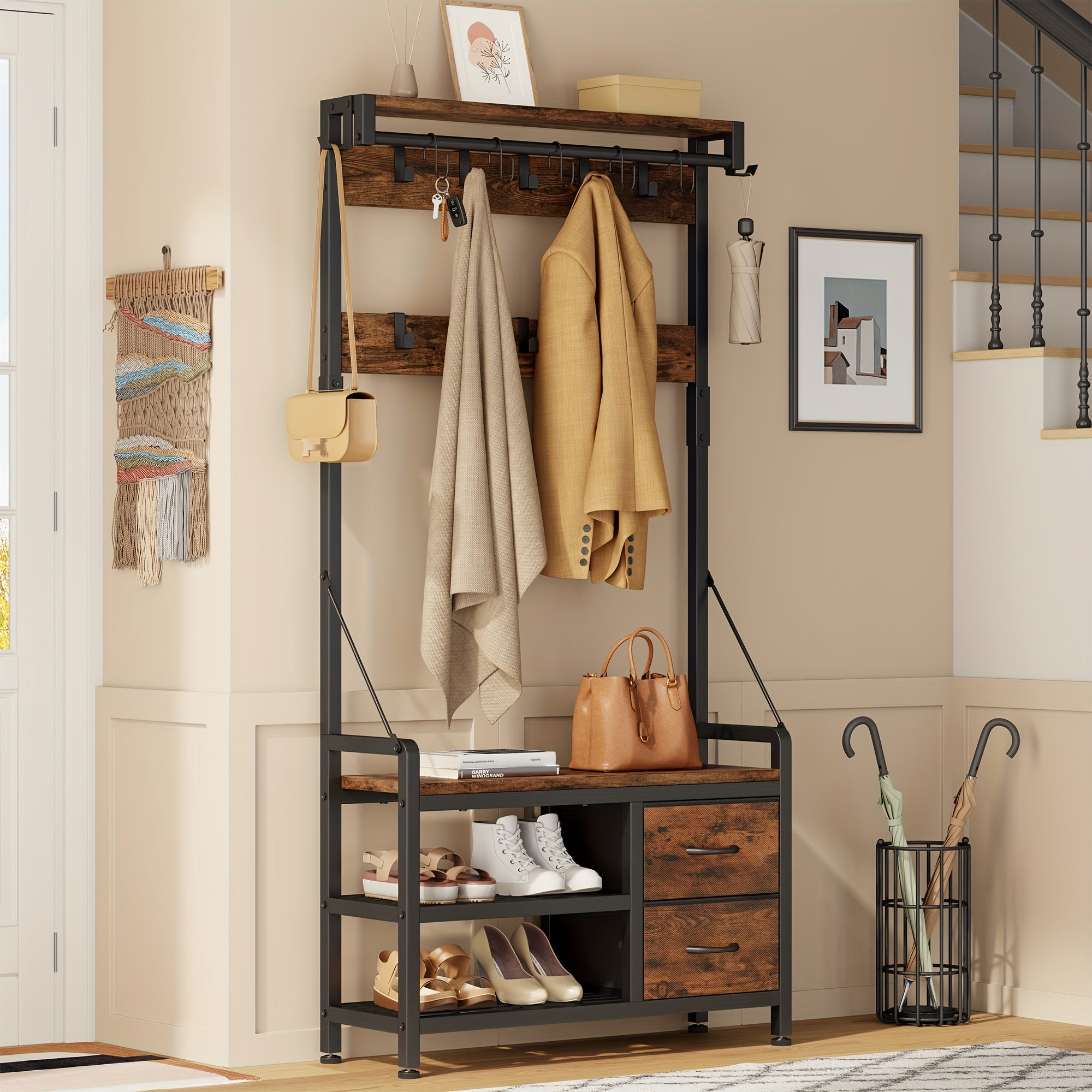 Tøjstativ met Bænk – Brunt træ, multifunktionelt design til entre eller soveværelse med Skohylde og Kroge