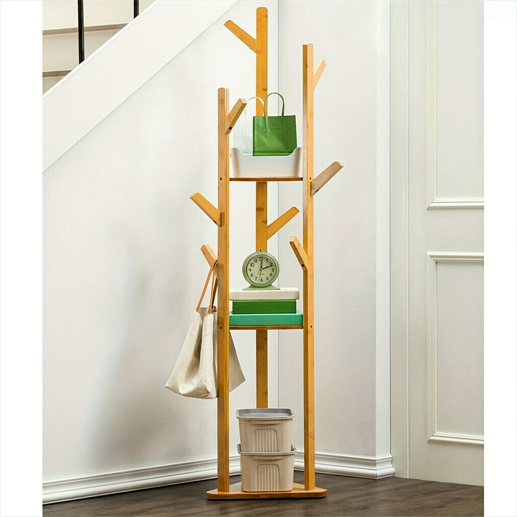 Bambus Tøjstativ – Elegant, Fristående med 9 kroge og 3 hylder til entré eller stue