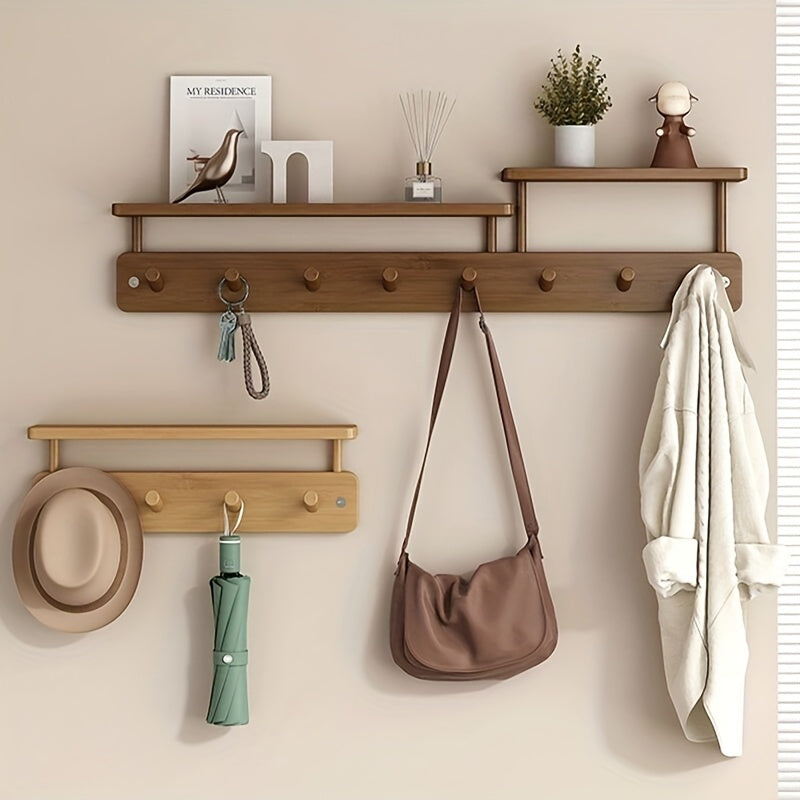 Wall-mounted Clothes Rack – Minimalist Wood Design with Drill-free Hook for Hallway or Bedroom
