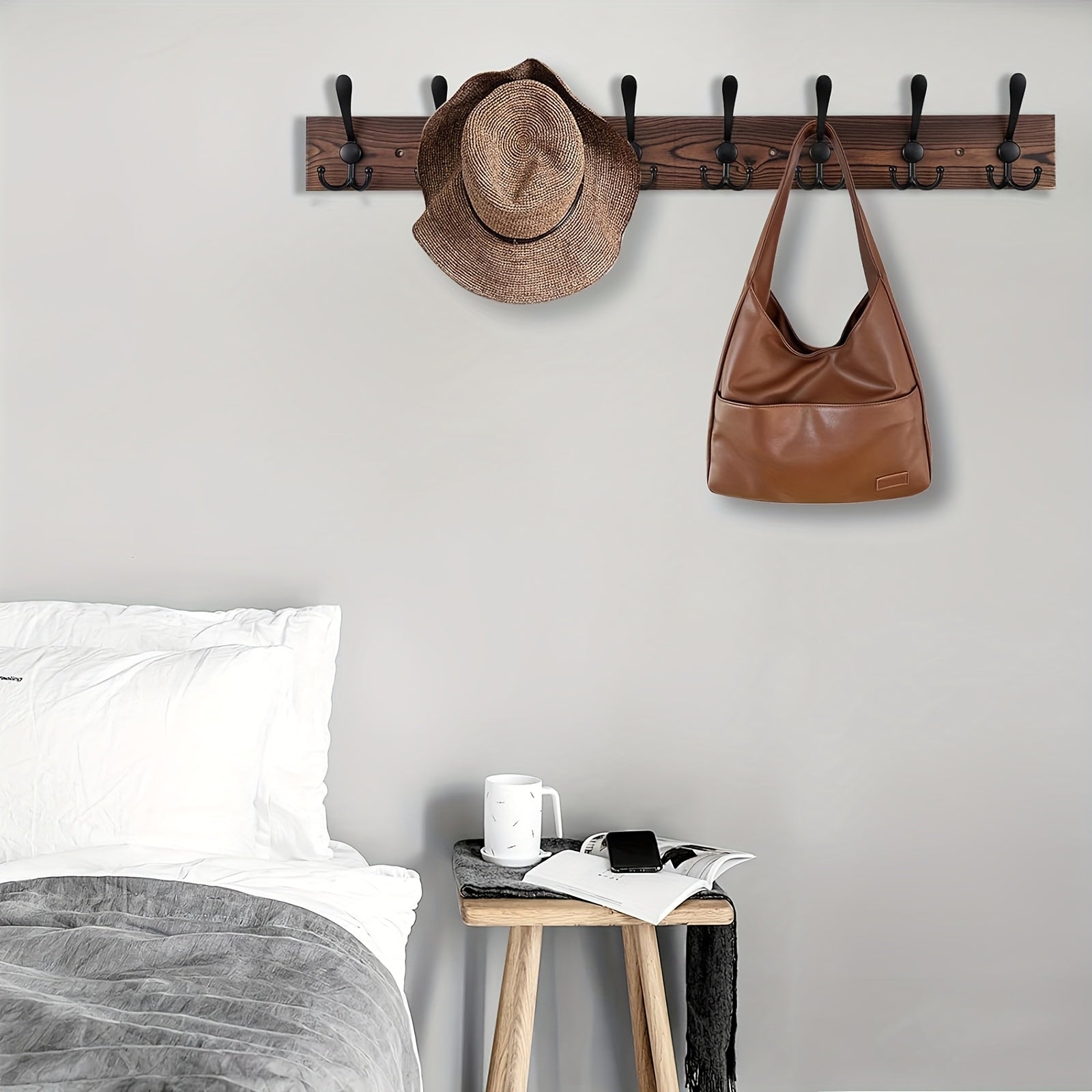 Wall-mounted Clothes Rack – Dark Brown Wood Design for Bathroom, Living Room, or Hallway