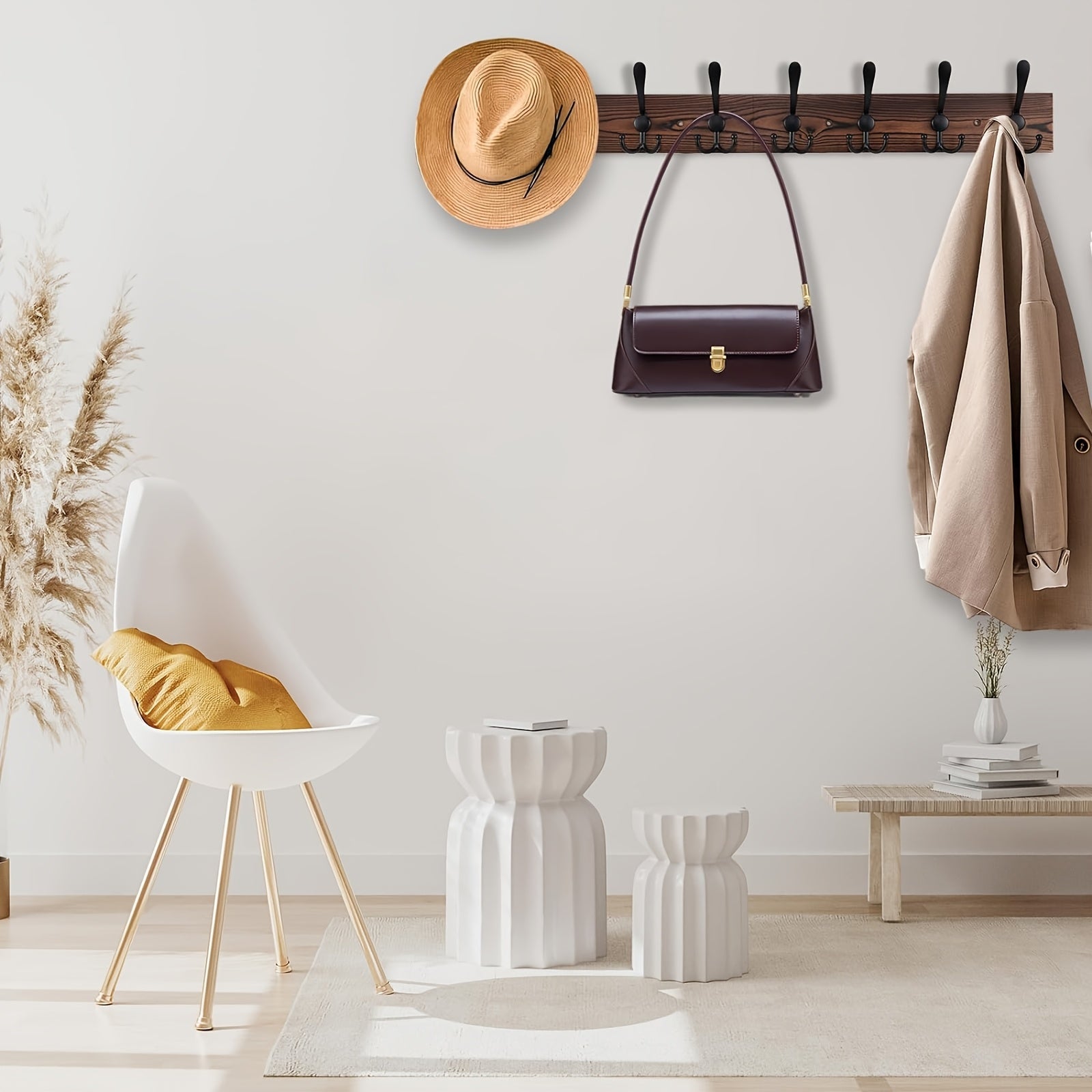 Wall-mounted Clothes Rack – Dark Brown Wood Design for Bathroom, Living Room, or Hallway