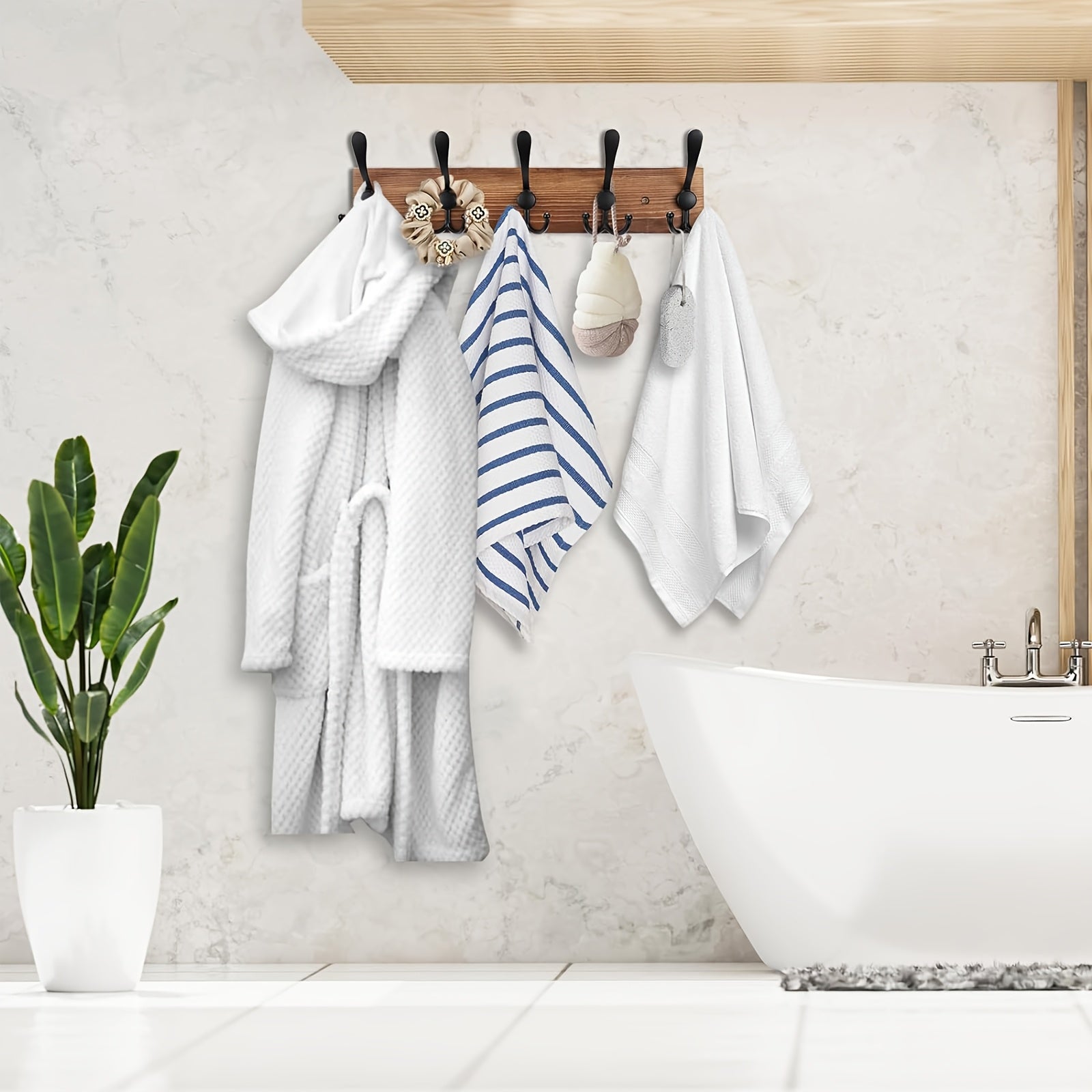 Wall-mounted Clothes Rack – Dark Brown Wood Design for Bathroom, Living Room, or Hallway