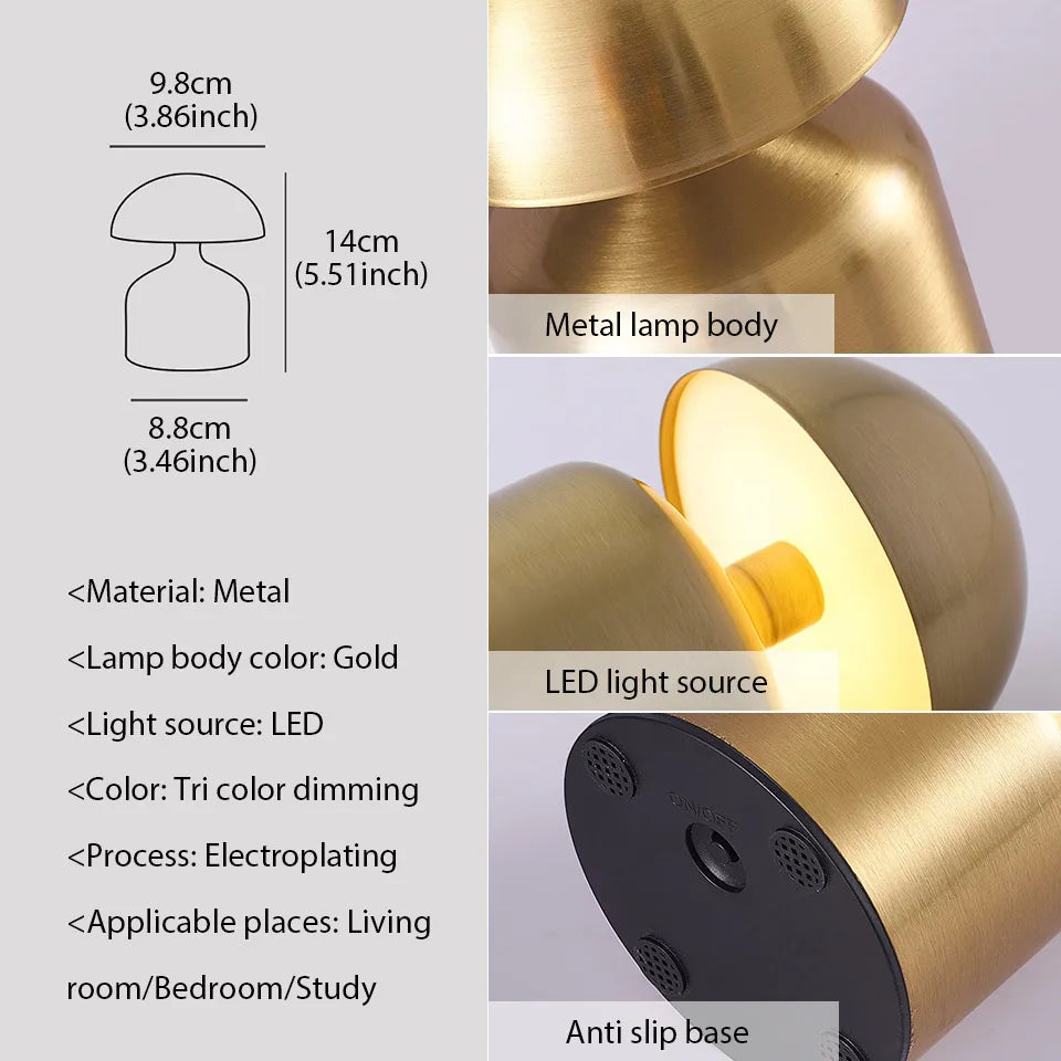 Genopladelig Bordlampe – Retro Svampeform, Metal Finish til Soveværelse eller Stue