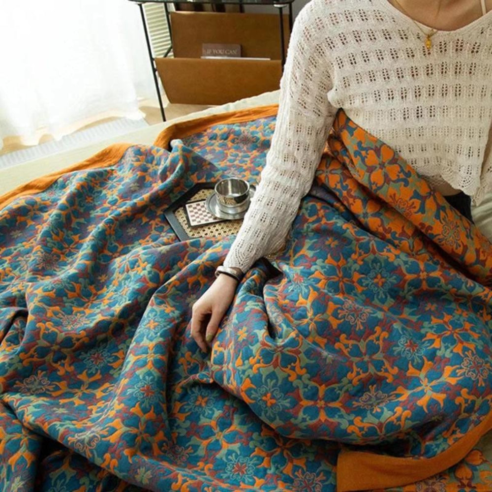 Katoenen plaid – Kleurrijk motief, zachte textuur voor in de slaapkamer of woonkamer