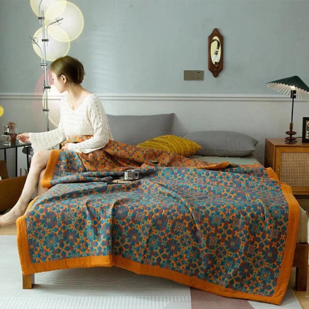 Katoenen plaid – Kleurrijk motief, zachte textuur voor in de slaapkamer of woonkamer