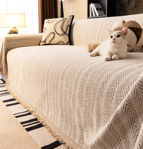 Chenille Sofa Cover – Gray, Herringbone Pattern with Fringes for Living Room or Lounge Sofa