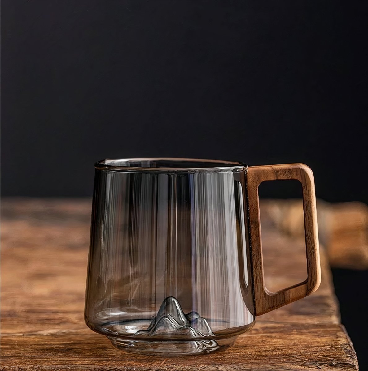 Glass coffee cup – Smoked glass with walnut handle, modern design for coffee or tea