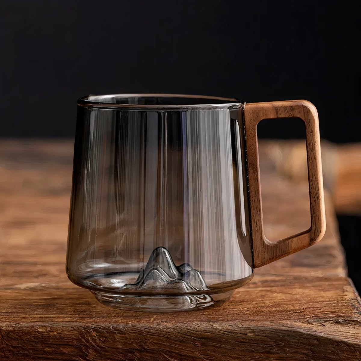 Glass coffee cup – Smoked glass with walnut handle, modern design for coffee or tea