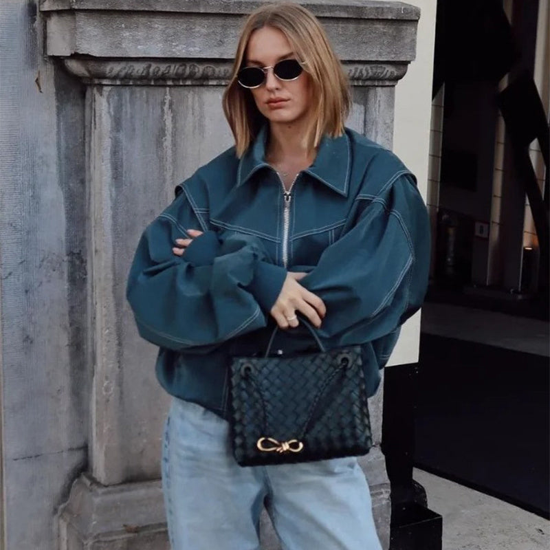 Dames Oversized Bomberjack – Casual Tussenjas voor Lente en Herfst, met Rits en Geribde Boorden