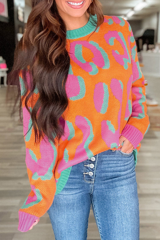 Dames Gebreide Pullover Trui – Oranje Panterprint, Casual voor Herfst en Winter