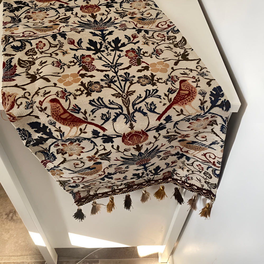 Vintage Jacquard Borddug – Blomster og Fugle, Rustik Design til Spise- eller Kaffe Bord