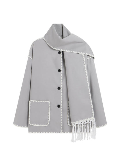 Dames Lange Wrap Mantel – Jas met Sjaal, Sjaalkraag, Winter, Zakelijk & Avondkleding