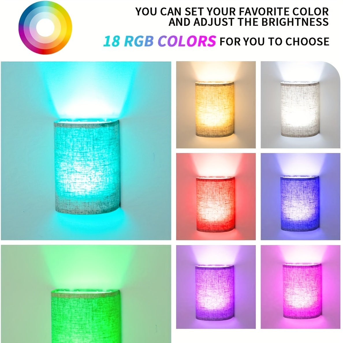 Trådlampe til Væg – Linnen Kappe, Dimmbar med Fjernbetjening, 3 Farvetemperaturer til Soveværelse eller Stue (2-Pack)