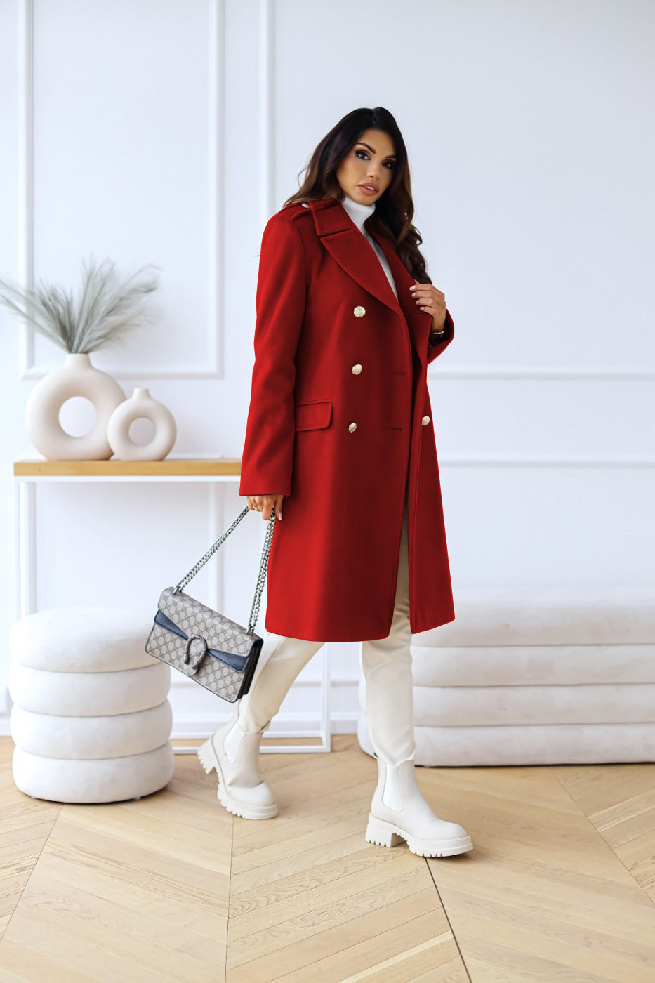 Dames Dubbelrijige Mantel – Winterjas met Twee Rijen Knopen, Klassiek Model