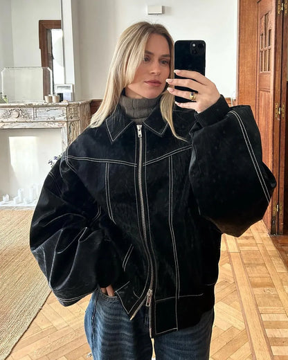 Dames Oversized Bomberjack – Casual Tussenjas voor Lente en Herfst, met Rits en Geribde Boorden