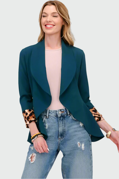 Dames Open Blazer – Luipaardprint, Opgerolde Mouwen, Zonder Knopen, Casual en Zakelijk