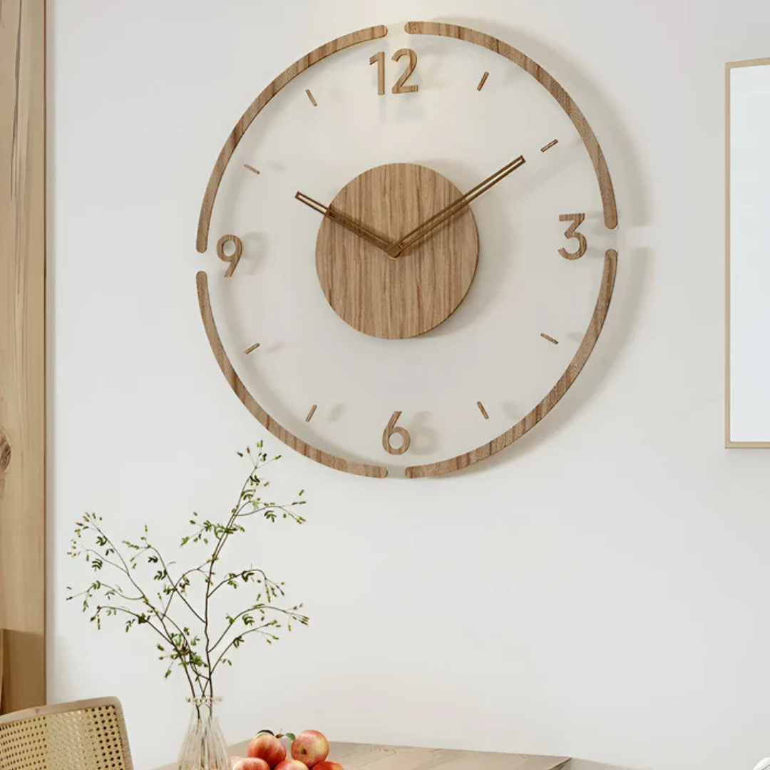 Moderne wandklok – transparant acryl en hout, minimalistisch ontwerp voor de woonkamer of het kantoor