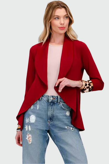 Dames Open Blazer – Luipaardprint, Opgerolde Mouwen, Zonder Knopen, Casual en Zakelijk