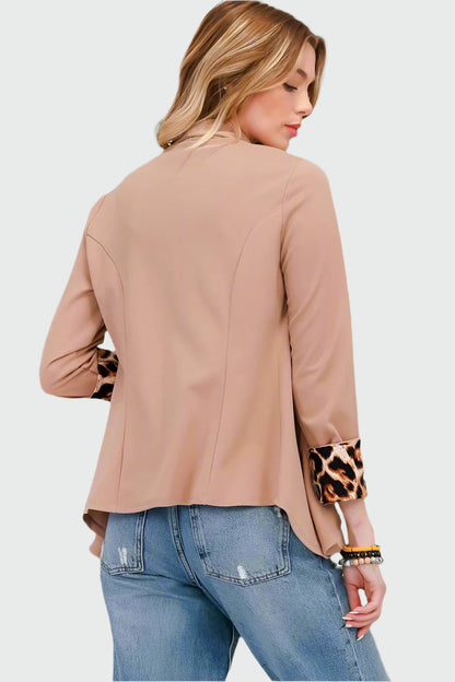 Dames Open Blazer – Luipaardprint, Opgerolde Mouwen, Zonder Knopen, Casual en Zakelijk