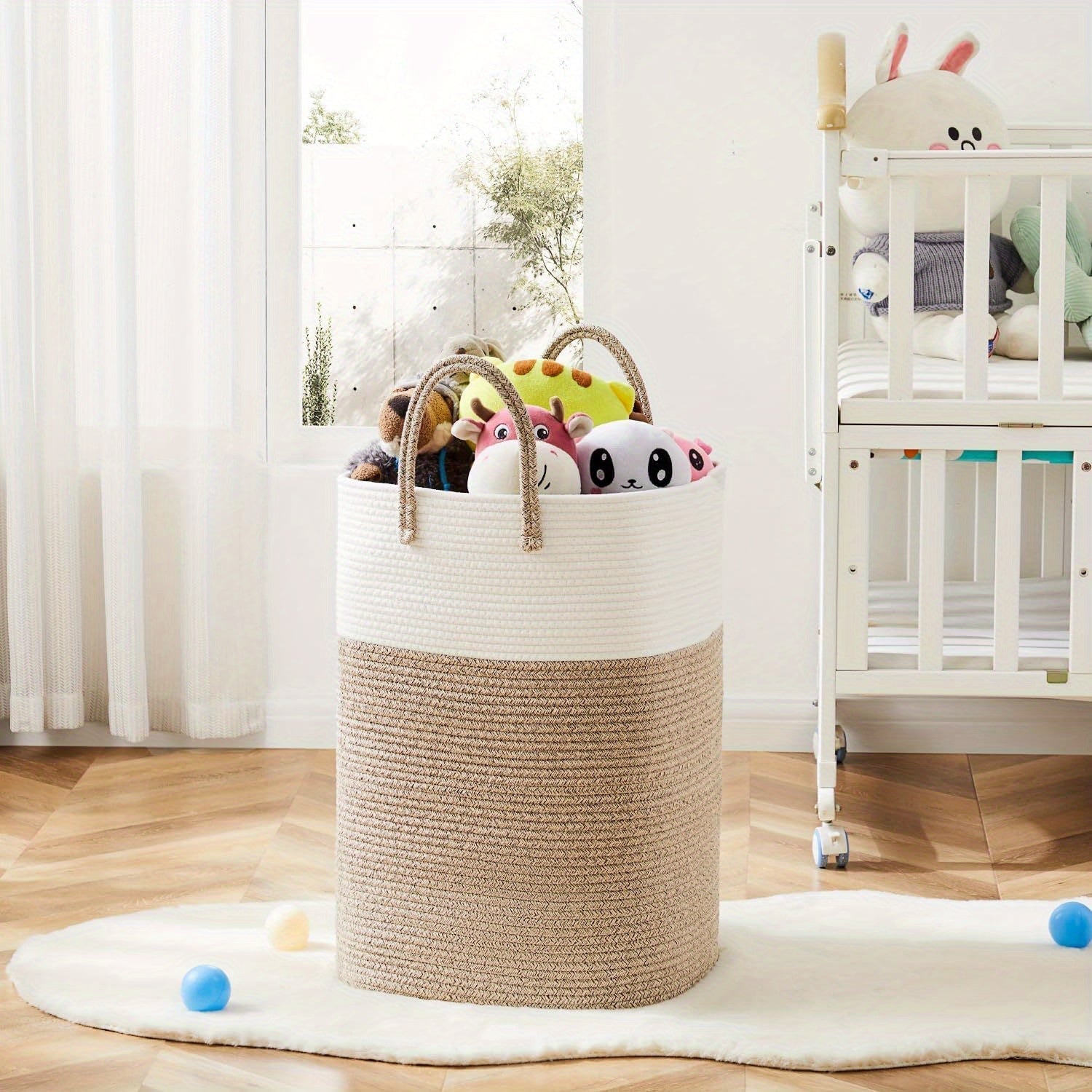 Extra large foldable storage basket – woven cotton, neutral design for bathroom or children's room