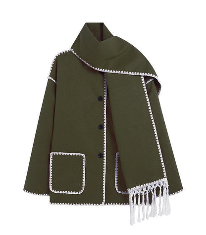 Dames Lange Wrap Mantel – Jas met Sjaal, Sjaalkraag, Winter, Zakelijk & Avondkleding