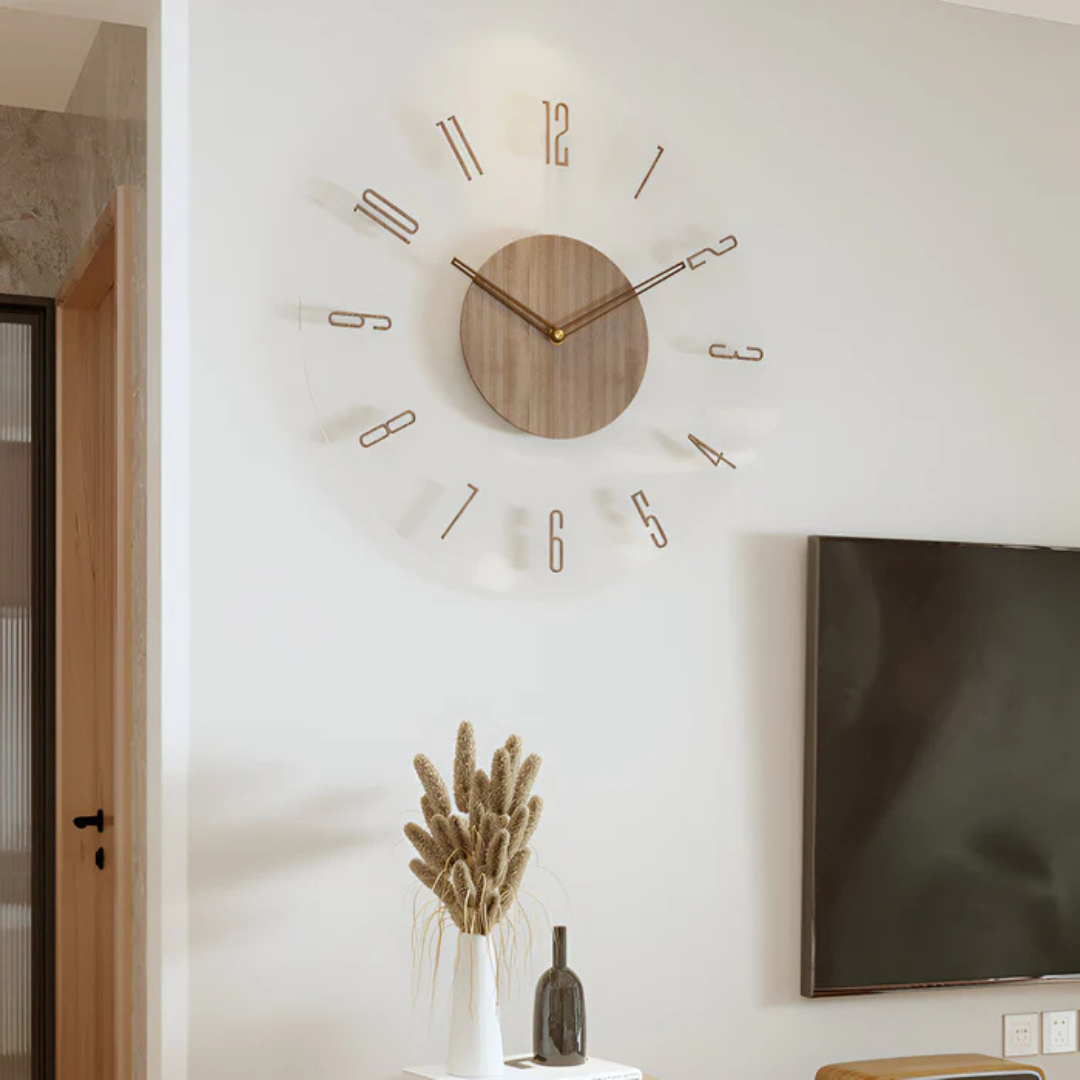 Moderne wandklok – transparant acryl en hout, minimalistisch ontwerp voor de woonkamer of het kantoor