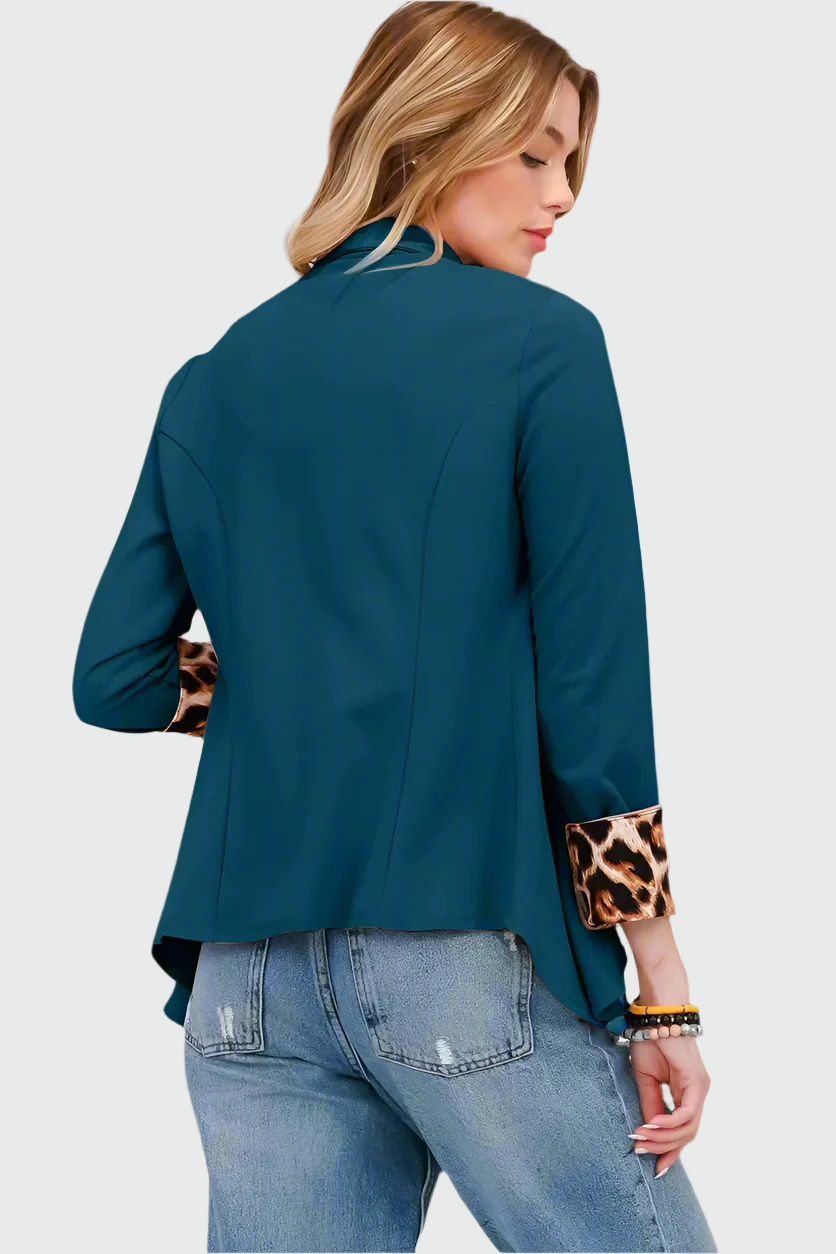 Dames Open Blazer – Luipaardprint, Opgerolde Mouwen, Zonder Knopen, Casual en Zakelijk
