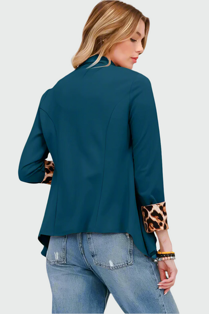 Dames Open Blazer – Luipaardprint, Opgerolde Mouwen, Zonder Knopen, Casual en Zakelijk