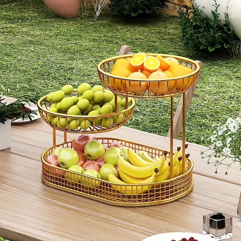 3-layer fruit tray – gold-colored metal, elegant table decoration for kitchen or dining table