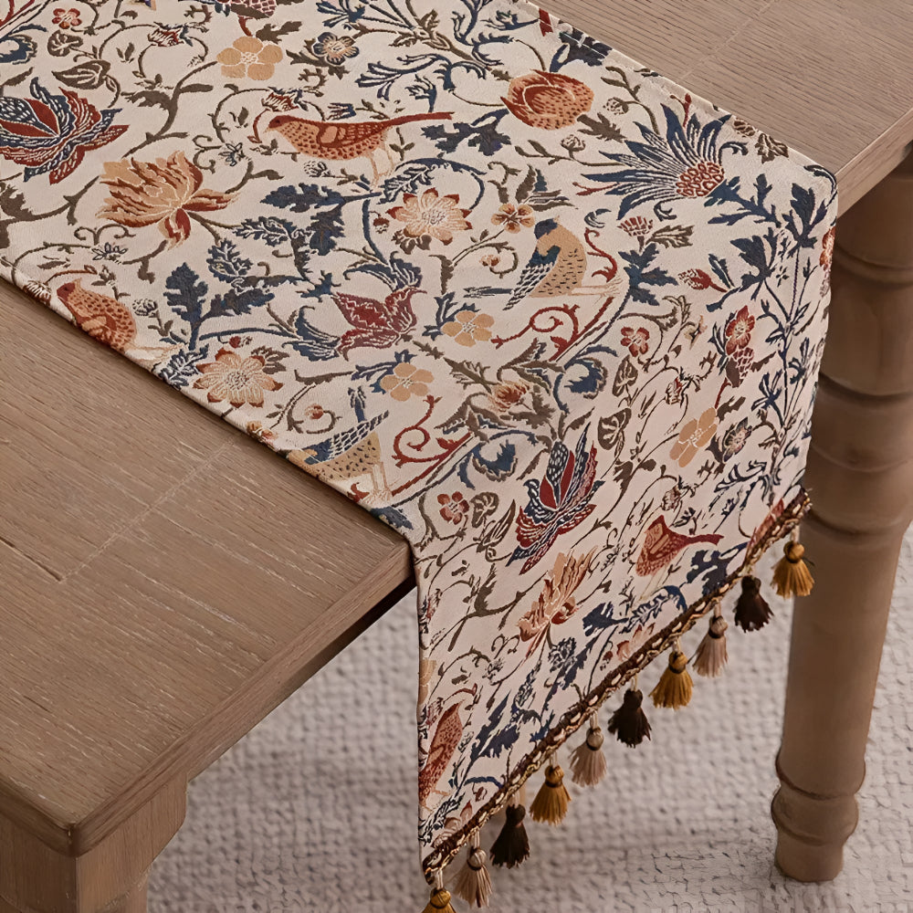 Vintage Jacquard Borddug – Blomster og Fugle, Rustik Design til Spise- eller Kaffe Bord