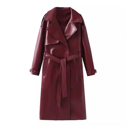 Dames Leren-look Jas – Bordeauxrood Kunstleer (PU), Casual Tussenjas voor Herfst