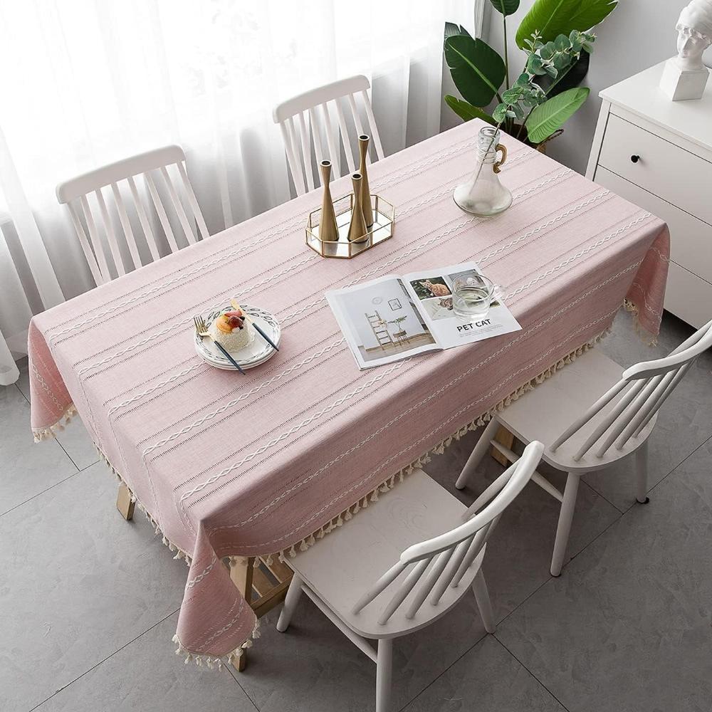 Bomulds- og Linneddug – Beige med Stribet Design og Broderi til Spisebord eller Udendørs Fester