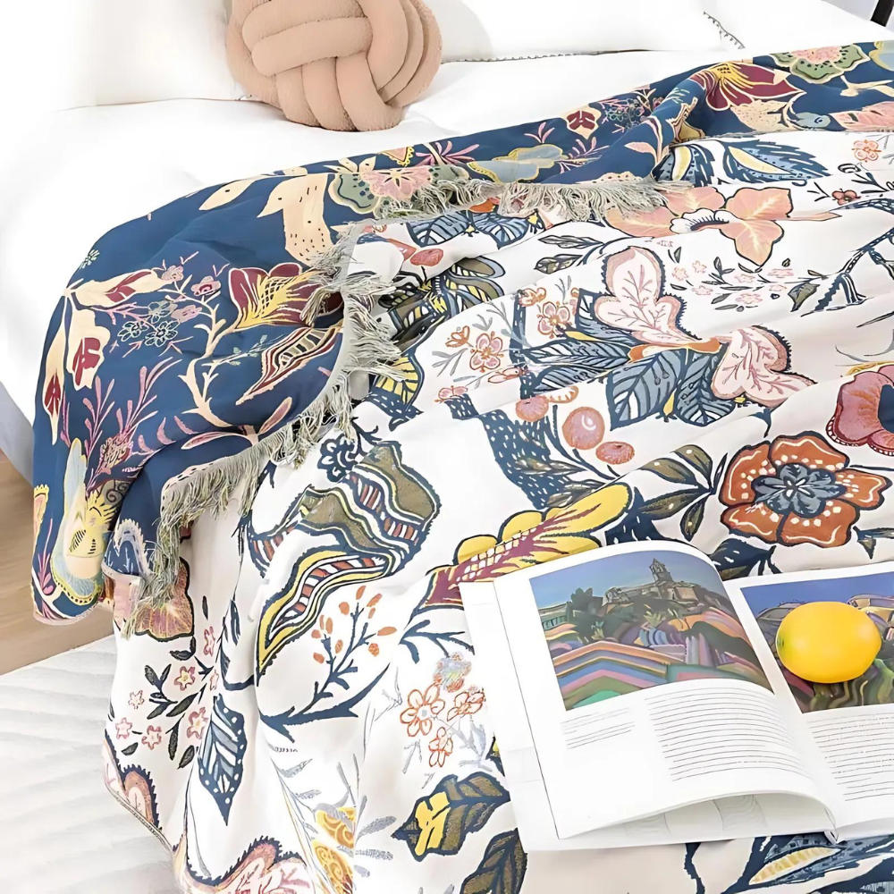 Katoenen Plaid – Blomsterprint med Frynser, Let Værdende for Sofa eller Soveværelse