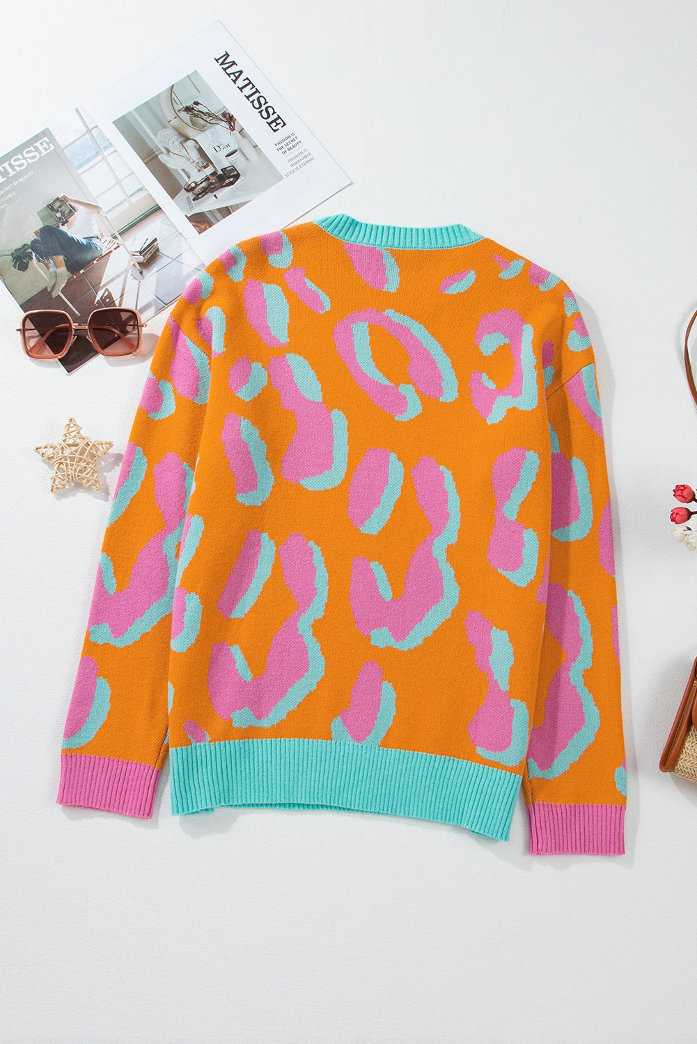 Dames Gebreide Pullover Trui – Oranje Panterprint, Casual voor Herfst en Winter