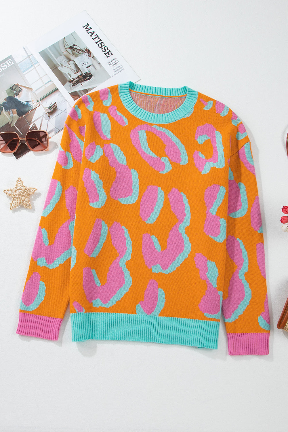 Dames Gebreide Pullover Trui – Oranje Panterprint, Casual voor Herfst en Winter
