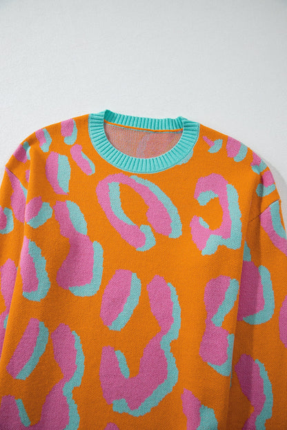 Dames Gebreide Pullover Trui – Oranje Panterprint, Casual voor Herfst en Winter