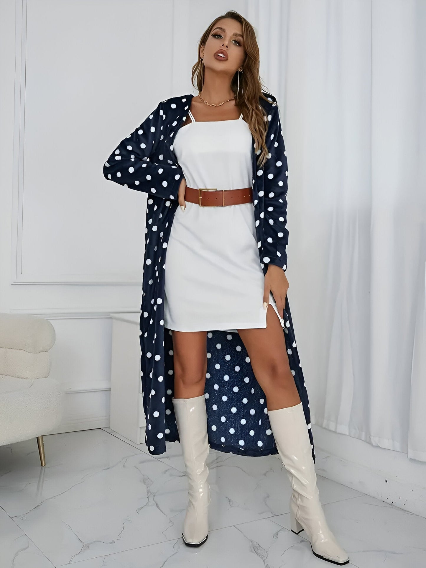 Dames Lang Vest – Zwart-wit Dalmatiërprint, Animal Print, Casual Herfst/Winter