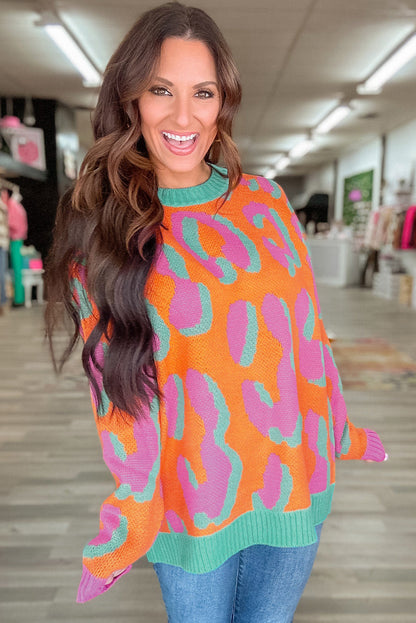 Dames Gebreide Pullover Trui – Oranje Panterprint, Casual voor Herfst en Winter
