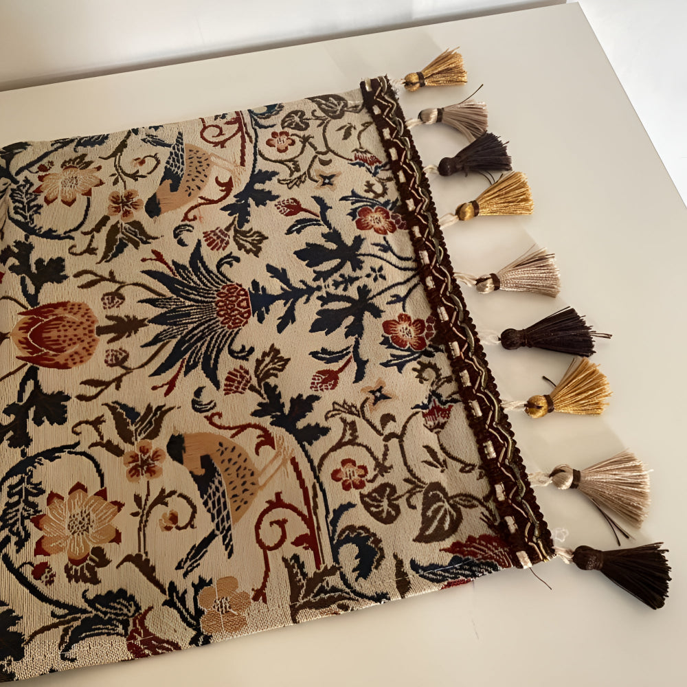 Vintage Jacquard Borddug – Blomster og Fugle, Rustik Design til Spise- eller Kaffe Bord