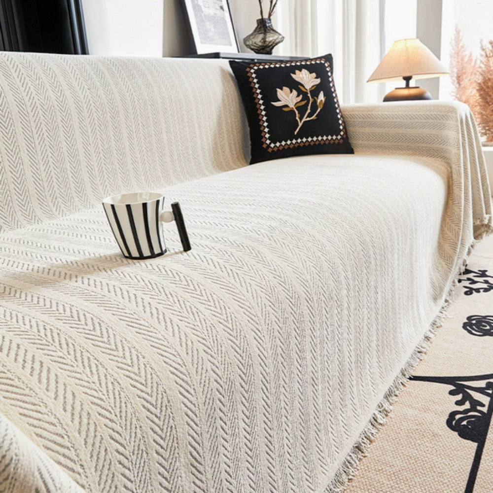 Chenille Sofabetræk – Grå, Sildebensmønster med Frynser til Stue eller Lounge Sofa