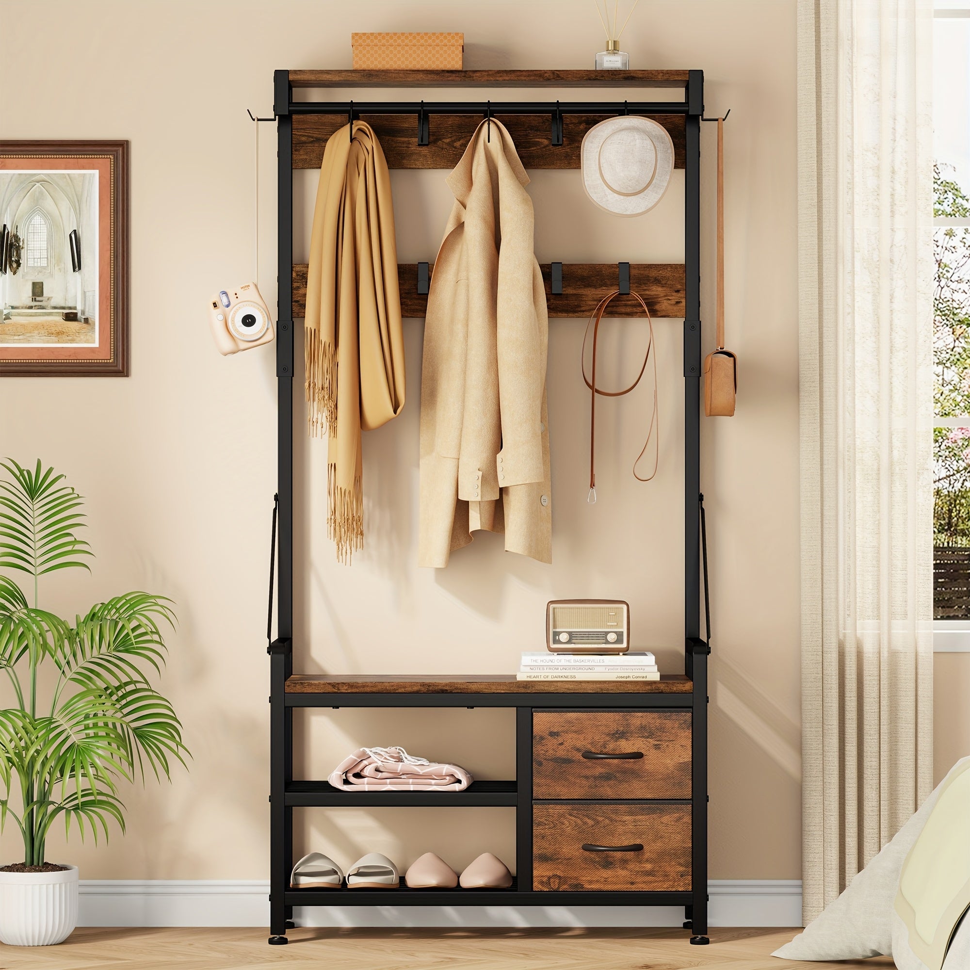 Tøjstativ met Bænk – Brunt træ, multifunktionelt design til entre eller soveværelse med Skohylde og Kroge