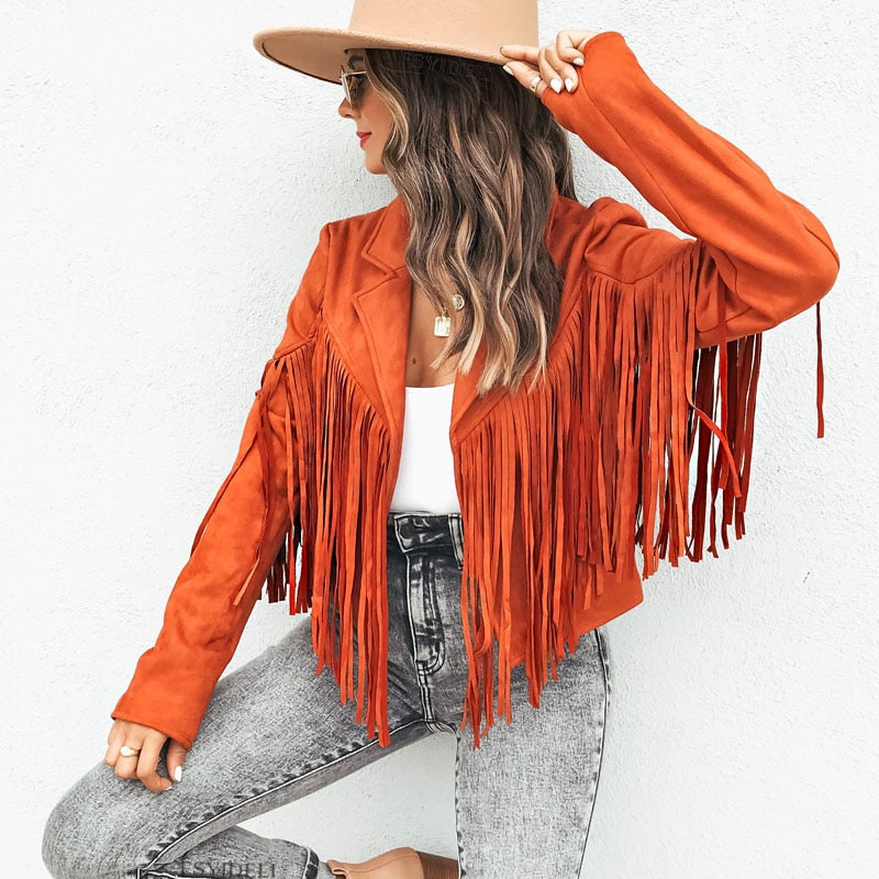 Dames Western Boho Suède Jas met Franjes – Festival Tussenjas voor Lente/Herfst